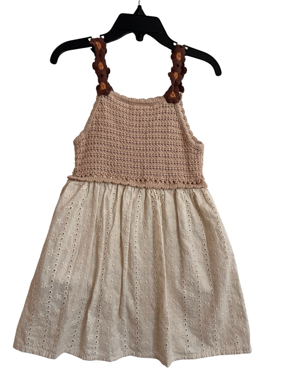Zara Neutral Crochet Bodice Eyelet Skirt Dress - Cream & Brown